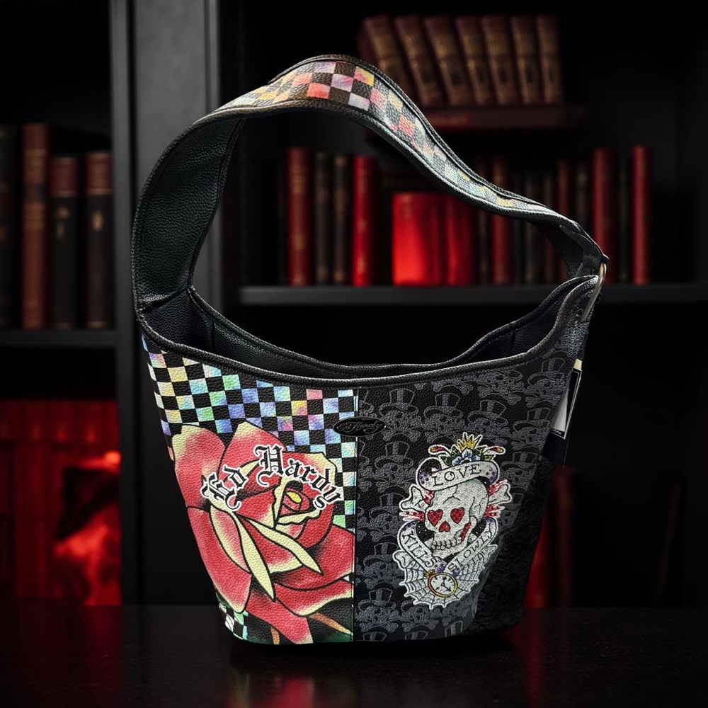 Ed Hardy NWT Classic Black & Red Checkered Rose & Skull Shoulder Tote Bag (P204)